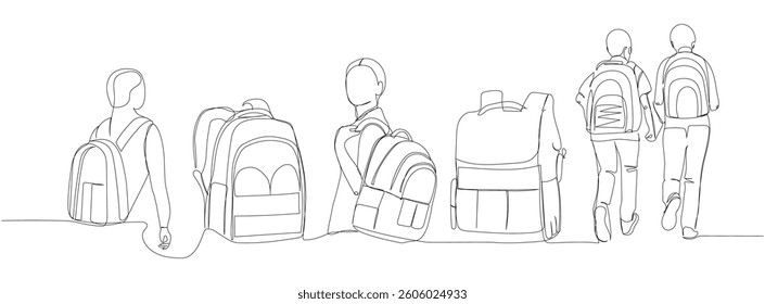 Set of student with a large backpack, school supplies one line art. Continuous line drawing of online learning, knowledge, study, school uniform, bag, education.