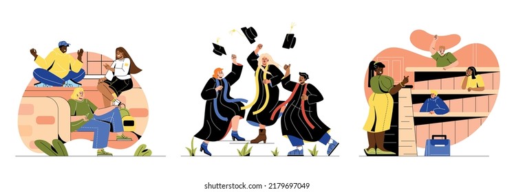 Set of student life scenes. Boys and girls study at university, listen to lecture and communicate. Graduates throw caps. Education and training. Cartoon flat vector collection isolated on white