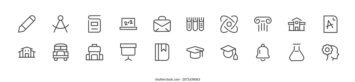 Set of student line icons. Premium pack of signs in trendy style. Pixel perfect objects for UI, apps and web.