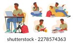 Set Student Male Character in Different Situations Learning, Prepare for Exam, Work on Laptop, Sitting at Desk with Books. Education, Back to School, College Or University. Cartoon Vector Illustration