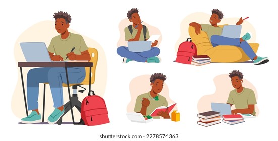 Set Student Male Character in Different Situations Learning, Prepare for Exam, Work on Laptop, Sitting at Desk with Books. Education, Back to School, College Or University. Cartoon Vector Illustration