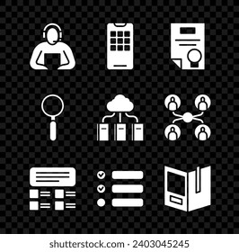 Set Student, Mobile phone, Certificate template, Online quiz, test, survey, Task list, Open book, Magnifying glass and Cloud or online library icon. Vector