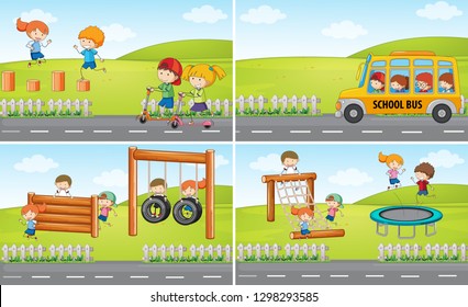 Conjunto de estudiantes en la ilustración del patio de recreo