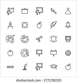 Set von studienbezogenen Vektorgrafik-Symbolen. Premium-Paket mit linearen Symbolen. Vektorgrafik einzeln auf weißem Hintergrund. Web-Symbole für Webseiten und mobile App. Trendloses Design. 