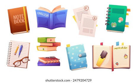 Set of student and school notebooks, textbooks, books and worksheets.  Back to School. Vector cartoon icons on white background