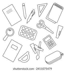 Set of student school supplies for coloring book. Book, notebook, pencil, pen, calculator, scissors, ruler, pencil case. Vector illustration. Black and white.