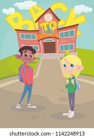 set of student students. Black boy and blonde girl. Background back to school