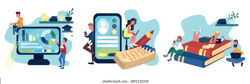 Set of student studying. Education composition with students learning, studying, and relaxing. Vector illustration in flat style.