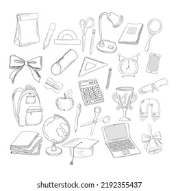 a set with student supplies for school design, school attributes - stationery, backpack, bell, globe, pencil case, books, notebook. Vector outline isolated on white background.