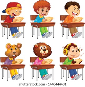 Set of student taking exam illustration