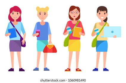 Set of student teenage girls in cartoon style with books, handbags, hot refreshing drinks and notebook vector illustration student girls isolated on white