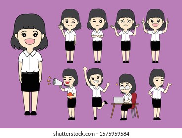 Set of student woman emotions, woman face with different expressions, Cartoon vector illustration