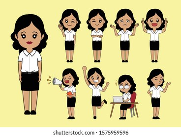 Set of student woman emotions, woman face with different expressions, Cartoon vector illustration