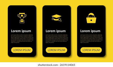Set Student working at laptop, Graduation cap with cursor and Award cup. Business infographic template. Vector