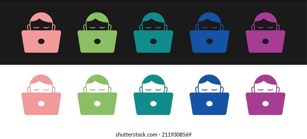 Set Student working at laptop icon isolated on black and white background. Workplace concept.  Vector