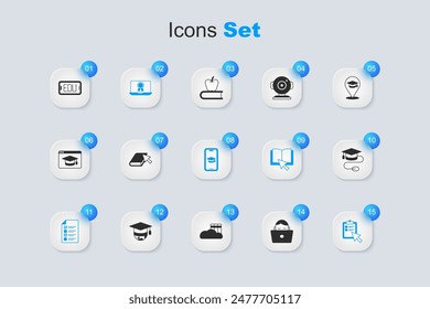 Set Student arbeiten auf Laptop, Online-Buch, Ausbildung mit Diplom, Quiz, Test, Umfrage, Graduation Cap Maus und mobile Ikone. Vektorgrafik