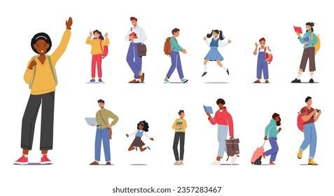 Set Students With Backpacks Hustle Between Classes, Carrying Books And Supplies, Characters with Rucksacks in hands and Slung Over The Shoulders, Symbol Of Learning. Cartoon People Vector Illustration