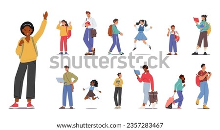 Set Students With Backpacks Hustle Between Classes, Carrying Books And Supplies, Characters with Rucksacks in hands and Slung Over The Shoulders, Symbol Of Learning. Cartoon People Vector Illustration