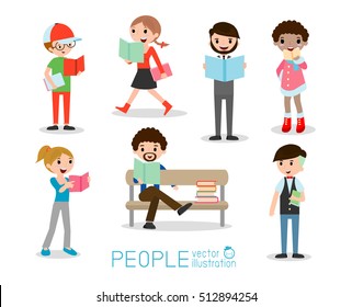 set of students with books,people reading book,  Vector Illustration