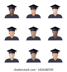 set of students boys set in a graduate cap of different races, nationalities and skin colors, color image, icon, sign, logo, isolated vector illustration