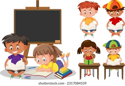Conjunto de estudiantes caricaturas ilustraciones de aprendizaje de personajes