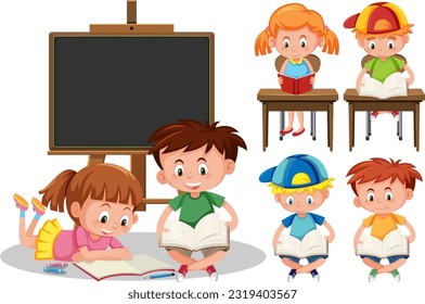 Conjunto de estudiantes caricaturas ilustraciones de aprendizaje de personajes
