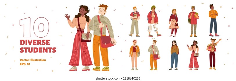 Set of students characters with bags, books and backpacks. Diverse young people studying in school, university or college isolated on white background, vector hand drawn illustration
