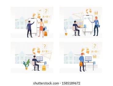 Set of students drawing circle on flipchart, using computer. Flat vector illustrations of learning, information, back to school. Knowledge concept for banner, website design or landing web page