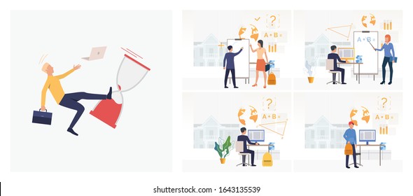 Set of students drawing circle on flipchart, using computer. Flat vector illustrations of learning, information, back to school. Knowledge concept for banner, website design or landing web page