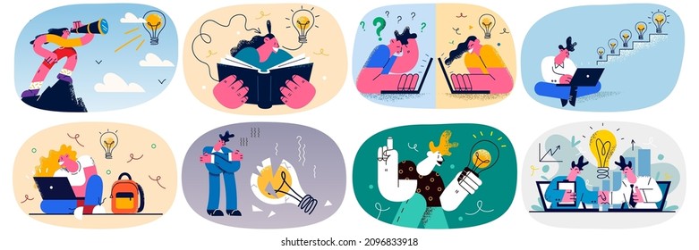 Set of students or employees think involved in brainstorming process make decisions or choice. Collection of businesspeople generate innovation or business idea. Find solution. Vector illustration. 