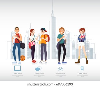 Set of students with gadgets and books for infographic