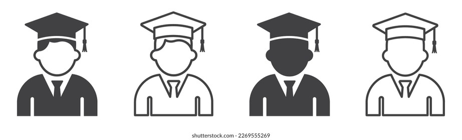 Set of student's icons. Graduate icon, graduated student symbol. Graduate student boy in square hat or graduation academic wear. Vector illustration.