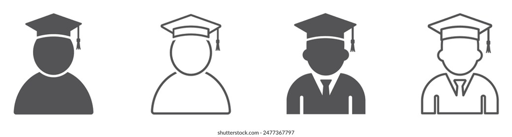 Set of students icons. Graduate icon, graduated student symbol. Graduate student boy in square hat or graduation academic wear. Vector illustration.