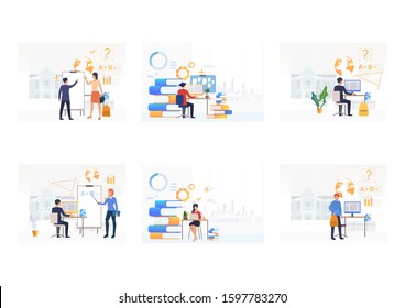 Set of students learning at universities. Flat vector illustrations of people learning, reporting. Education, knowledge concept for banner, website design or landing web page