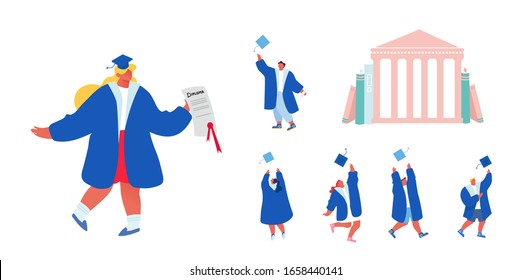 Set of Students Male Female Characters Alumnus Graduating University, College or School. Cheerful People In Academical Cap and Gown Graduate with Diploma Certificate Cartoon Flat Vector Illustration