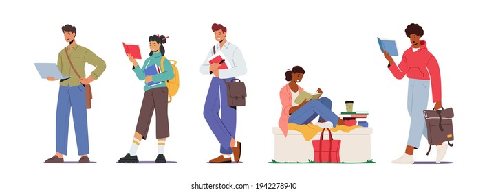 Set of Students Male and Female Characters with Different Bags Shoulder Belt, Rucksack or Backpack, Hand Bag. Men and Women Reading Textbooks, Prepare to Exam. Cartoon People Vector Illustration