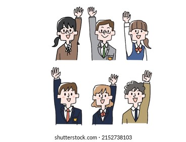 A set of students raising their hands Comical handwritten person Vector, line drawing and color