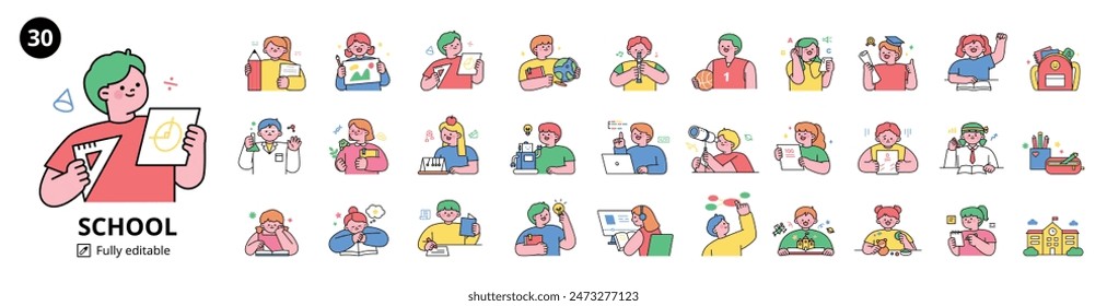 Set of students in school receiving different education. Upper body characters of cute children of elementary school age. outline style illustration.