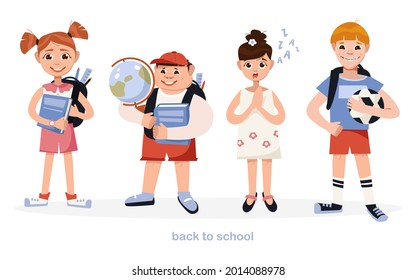 A set of students with school supplies. Students with books, backpacks and a ball. A set of preschoolers, teenage children, characters in different poses, clothes. Back to school.