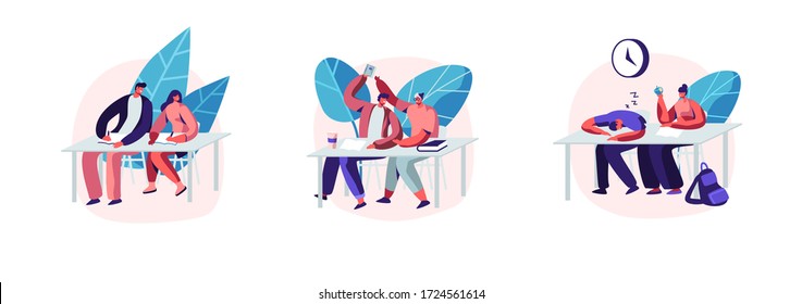 Set of Students Sitting at Desks Visiting Lecture in University. Characters Learning. Communicating, Sleeping on Seminar. Higher Education, Gaining Knowledge. Cartoon People Vector Illustration