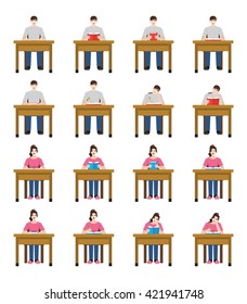 A set of students sitting and reading a book. Flat vector.