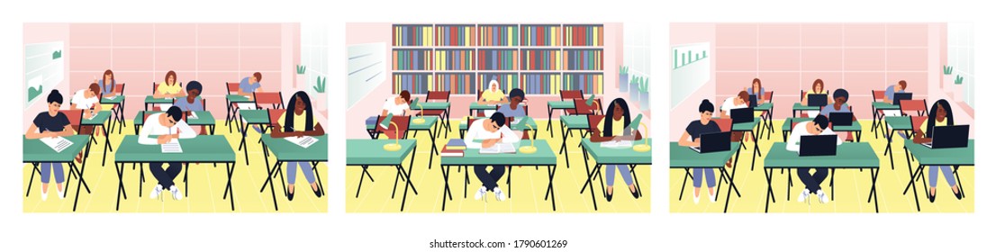 Set with students studying in the classroom. Teens read books in the library. Students work on computers. Children write a test exam in a beautiful classroom.  Flat vector illustration.