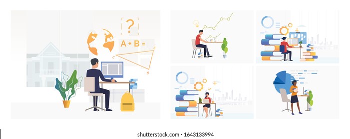 Set of students studying. Flat vector illustrations of men and women sitting near stacks of books and using laptop. Education, studying concept for banner, website design or landing web page