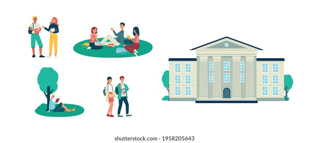 Set of students studying outdoor and university or campus building, flat vector illustration isolated on white background. Bundle of college or university students.