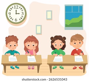 a set of students at their desks, a children's vector illustration. background for the mobile app. a day at school, studying.