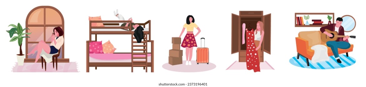 Set of students in their rooms on white background