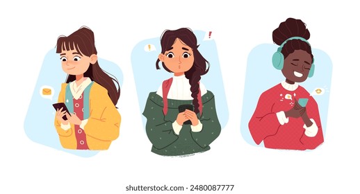 Set of students. Vector illustration. A girl received a message, A surprised woman with a phone and a joyful character with headphones listening to music. Childish cute textured art. media concept. 