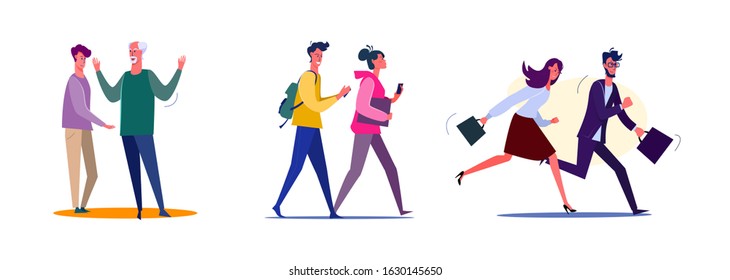Set of students walking and running to their destinations. Flat vector illustrations of father and son arguing. Dispute, rush, walking concept for banner, website design or landing web page