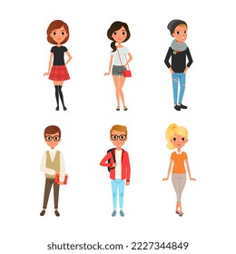 Set of students wearing fashion casual clothes standing with books and bags cartoon vector illustration