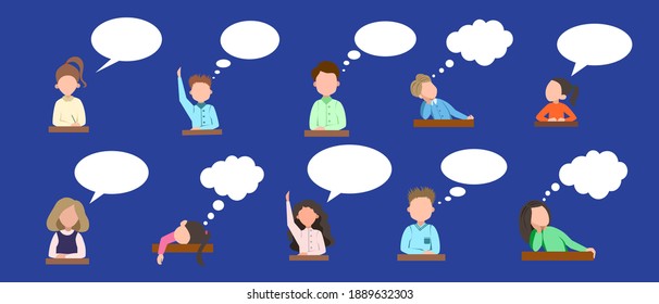 A set of students who answer the question. The student raised his hand. People on the belt. white cloud for text. Vector illustration on a blue isolated background.